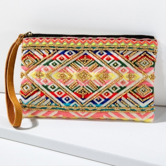 Handmade Hand Beaded Wristlet Clutch - Ethnic Inspired Design - Dyed Fine Cotton - Picture 3 of 8